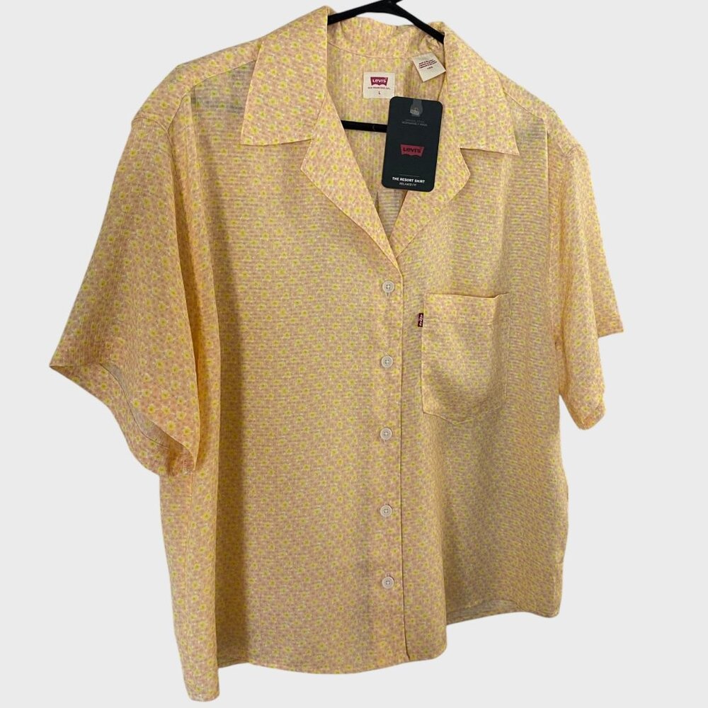 Levis Floral Resort Shirt Yellow Women's Size Large Short-Sleeve Button-Up New - Picture 3 of 15